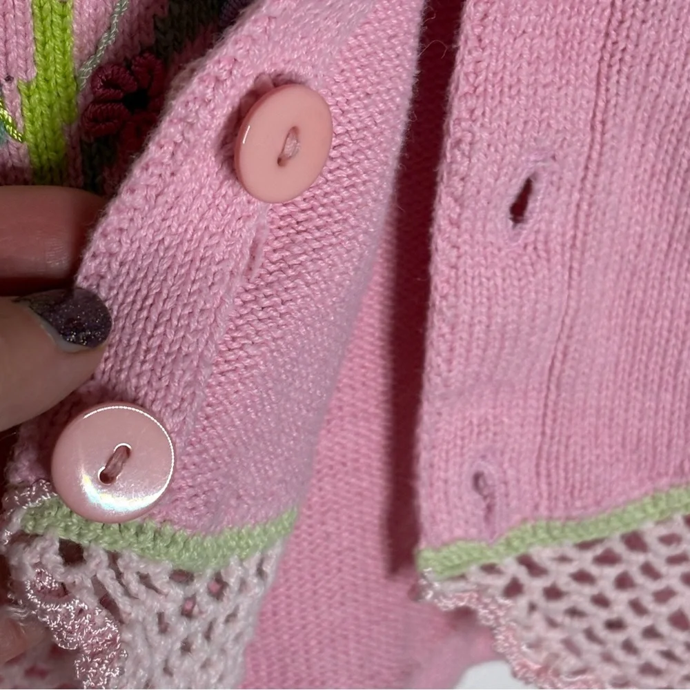 Storybook Knits Women XS Sweater Pink Blossoms Embroidered Spring Easter Buttons
